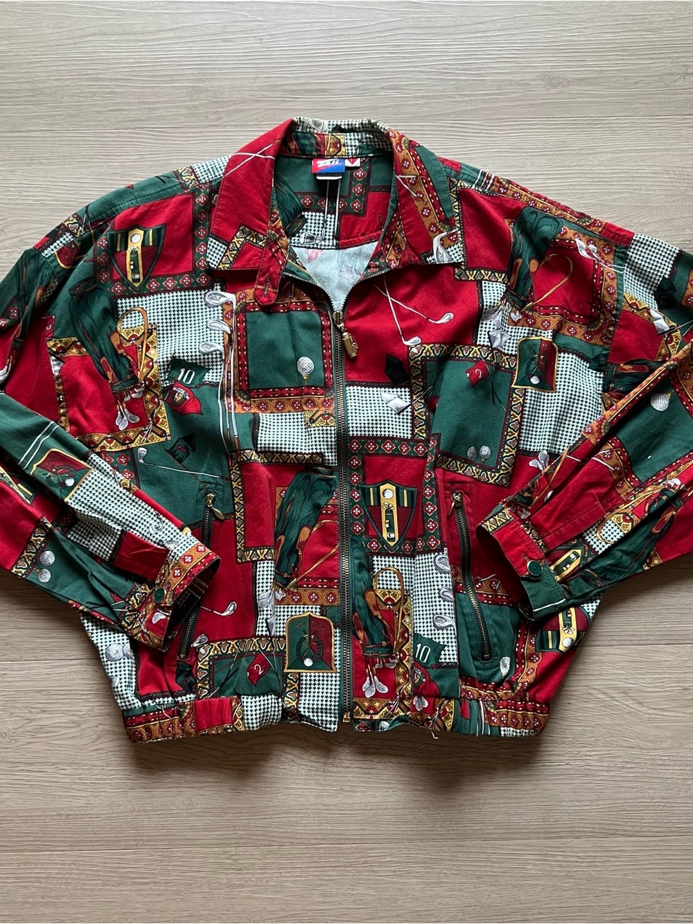 Women's Vintage 80s Golf Red & Green Patterned Zip Jacket